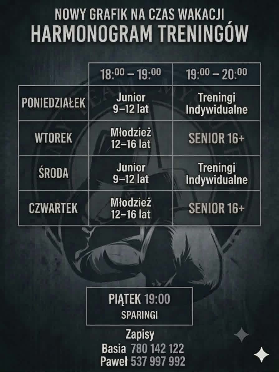 Harmonogram treningów Fundacji BTN — poniedziałek–czwartek 18:00–20:00, piątek 19:00 sparingi